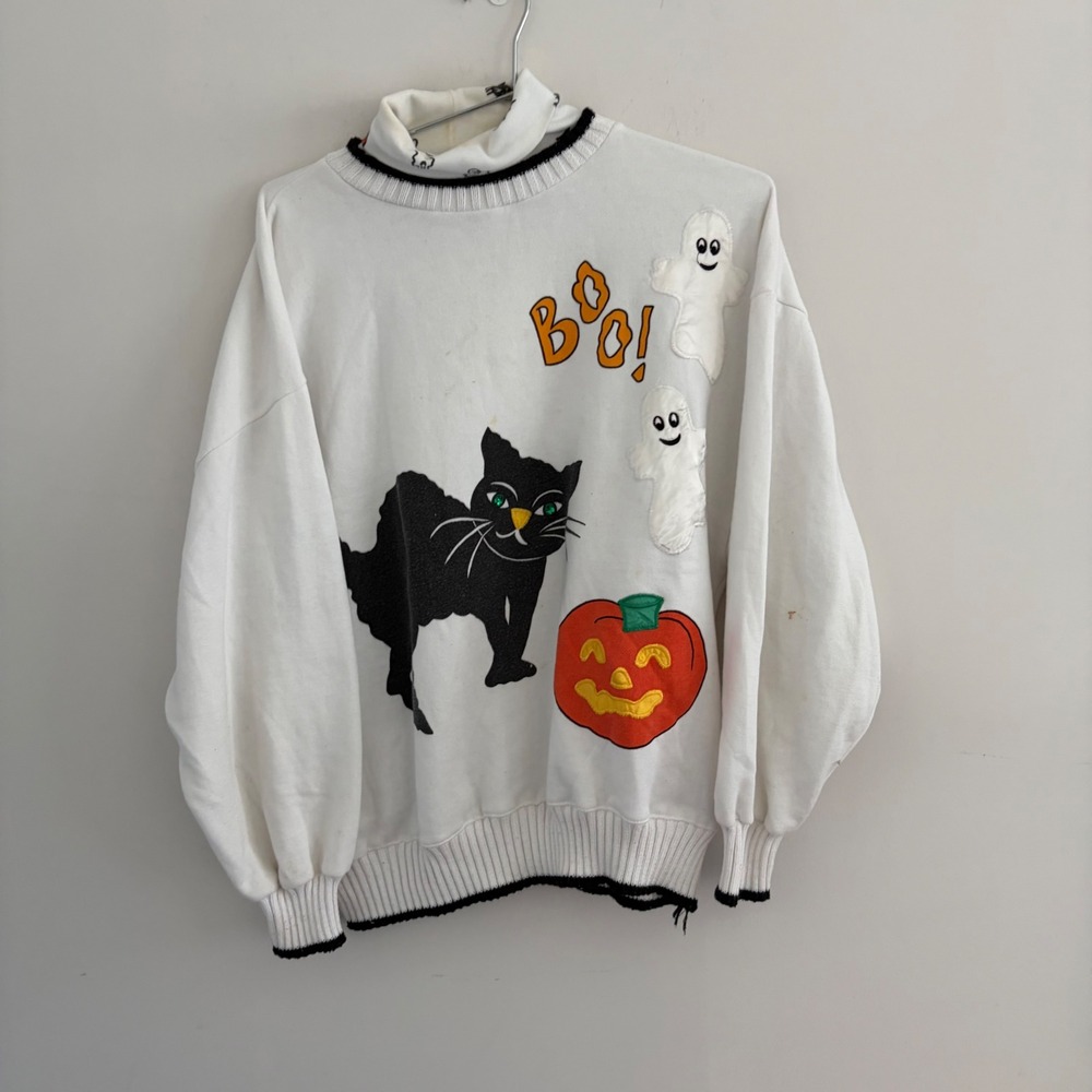 Vintage E-B Sport Halloween Black Cat Ghost Pumpkin Sweatshirt Large White